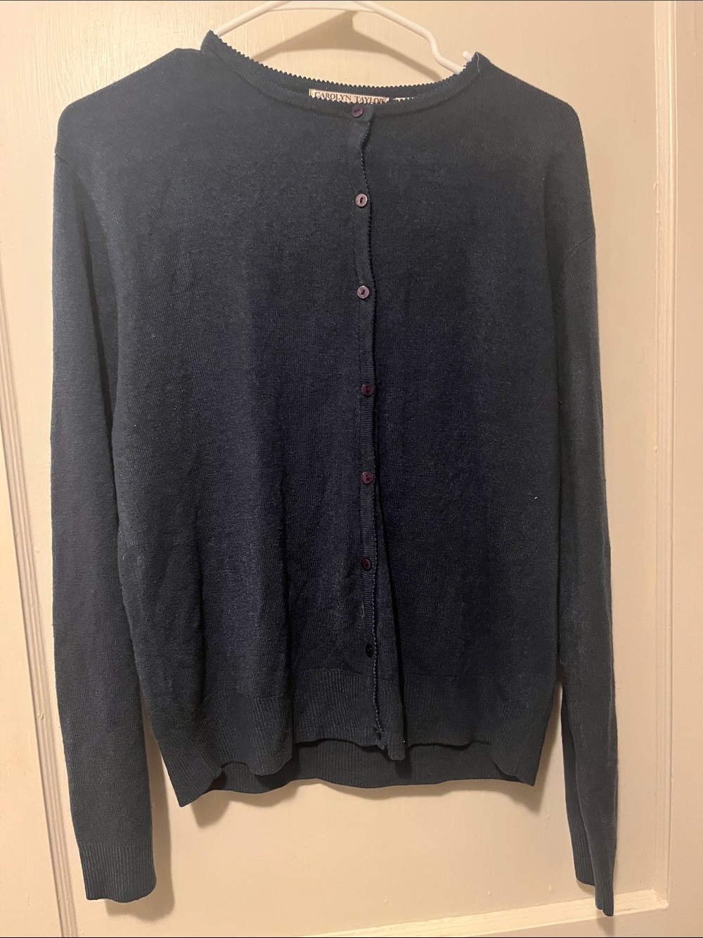 Carolyn Taylor Navy Blue Button-Up Crewneck Cardigan